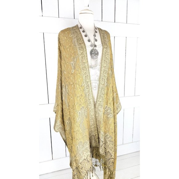 Gold beige paisley pashmina kimono cover up cardigan jacket - Picture 4 of 5
